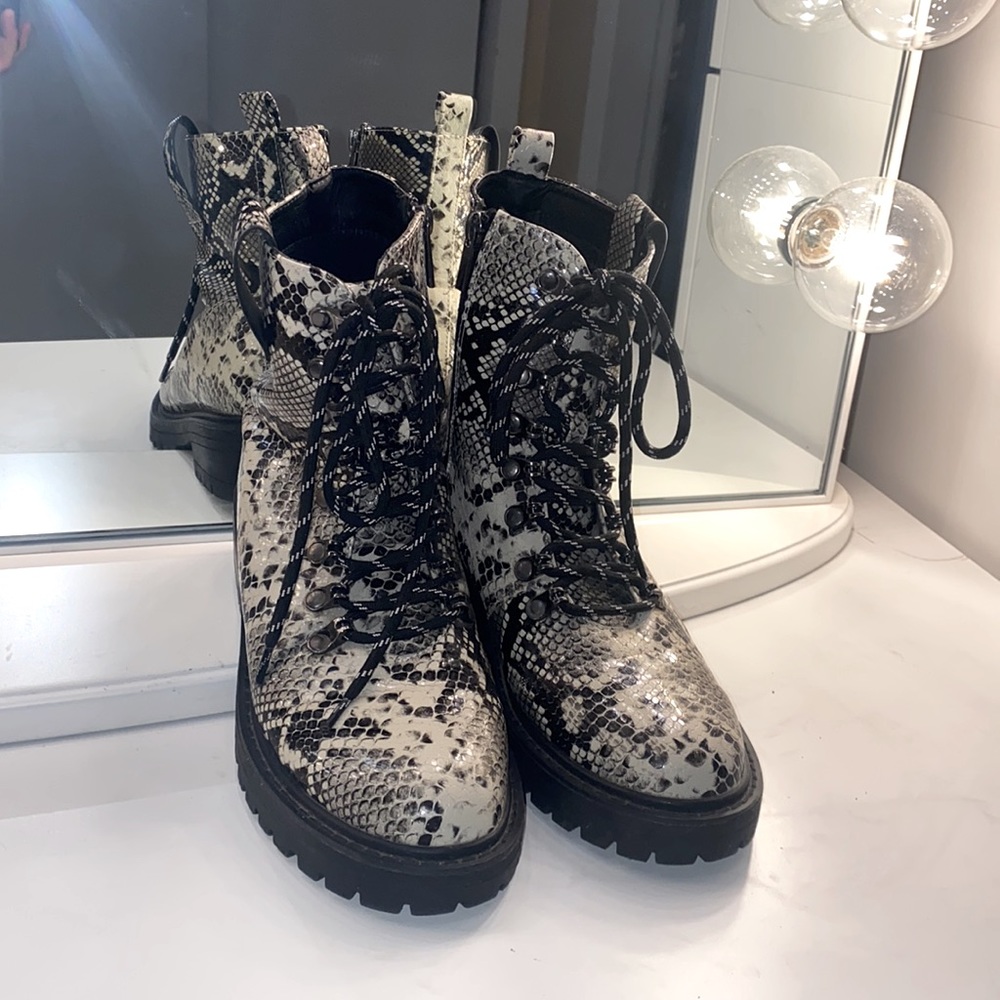 PrettyLittleThing snakeskin lace up boots